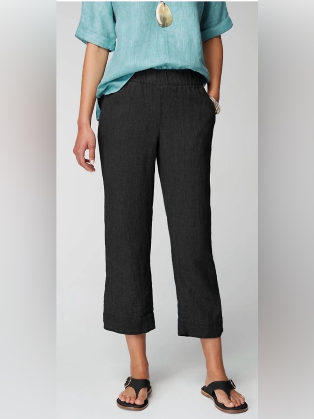J. Jill Pure Jill 100% Linen Trapunto-Stitched Crop Pants Sz M Black Lagenlook